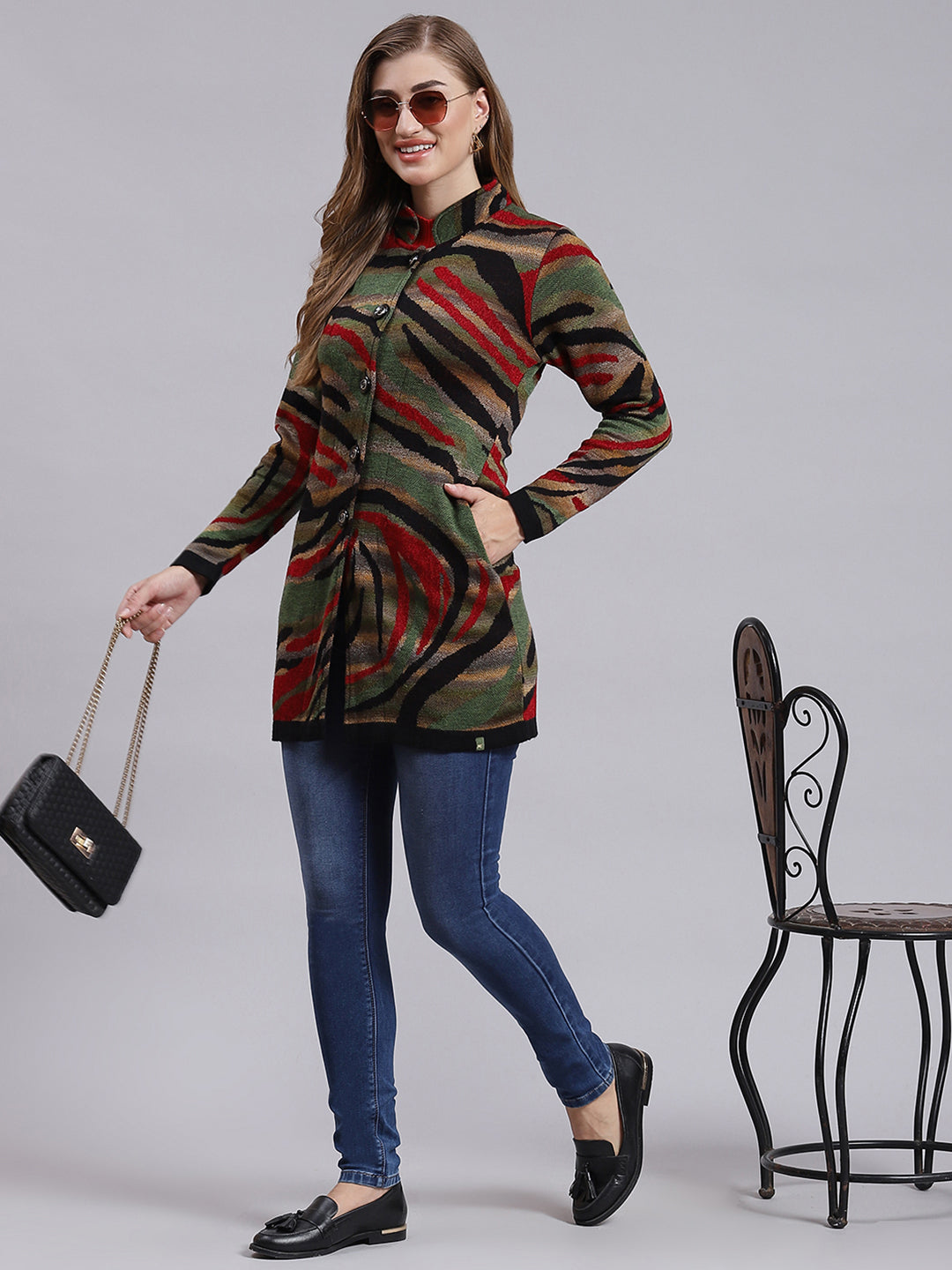 Women Black Jaquard Wool blend Knitted Coat