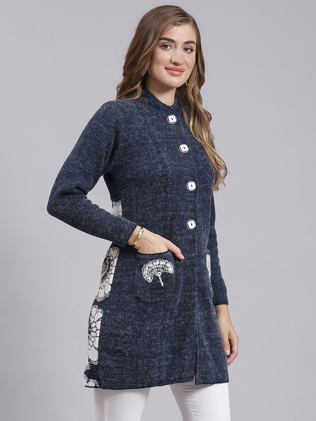 Women Navy Blue Jaquard Wool blend Knitted Coat