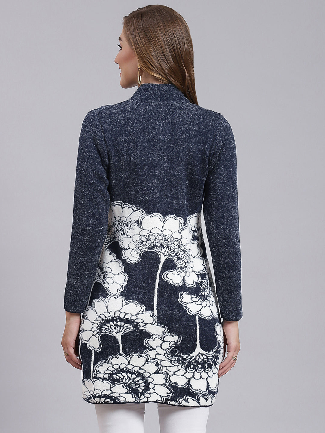 Women Navy Blue Jaquard Wool blend Knitted Coat