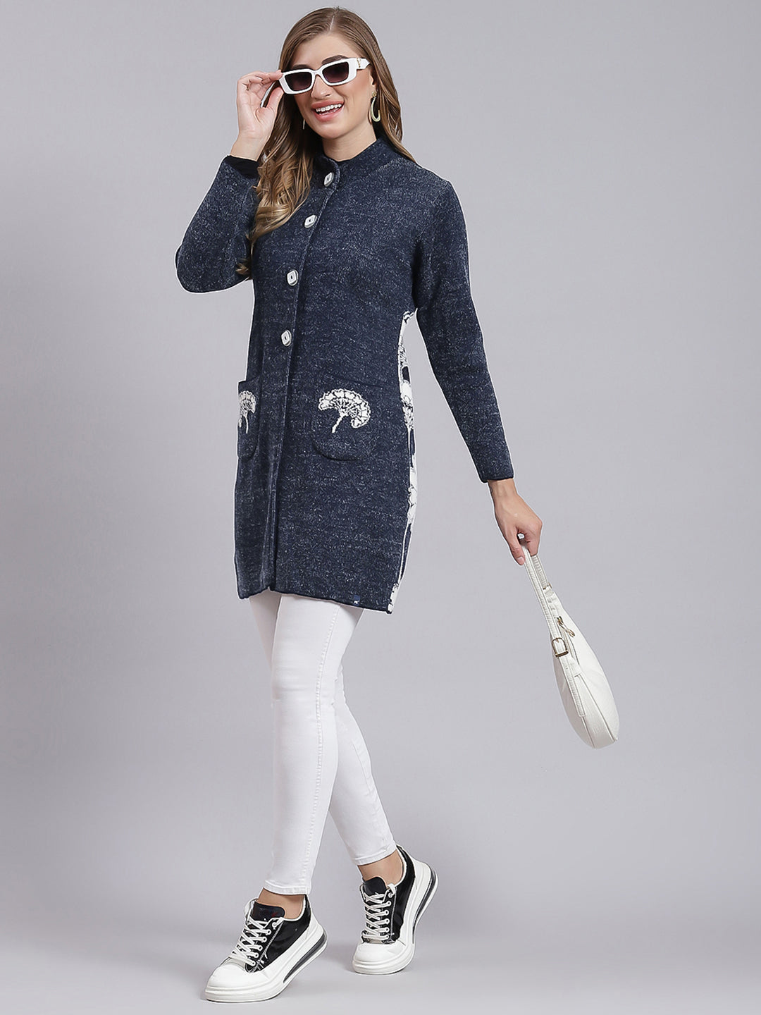 Women Navy Blue Jaquard Wool blend Knitted Coat