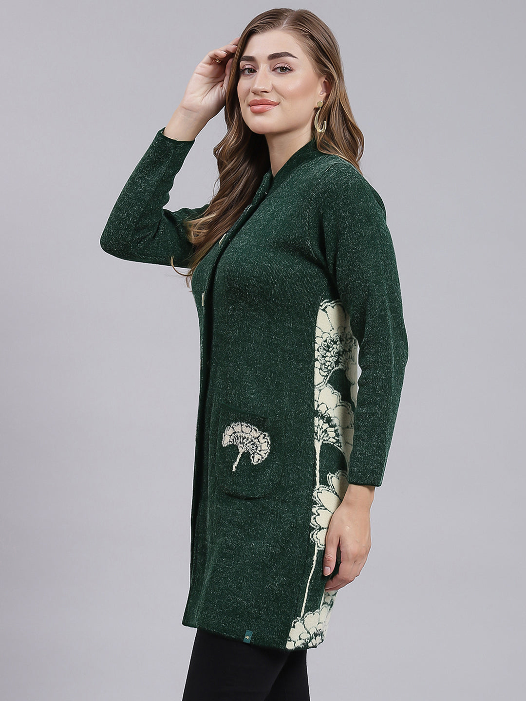 Women Green Jaquard Wool blend Knitted Coat