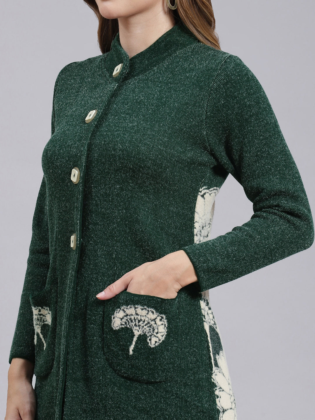 Women Green Jaquard Wool blend Knitted Coat