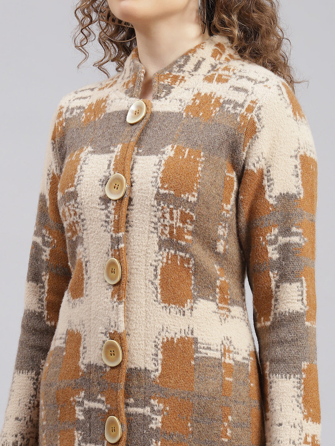 Women Rust Orange Jaquard Wool blend Knitted Coat