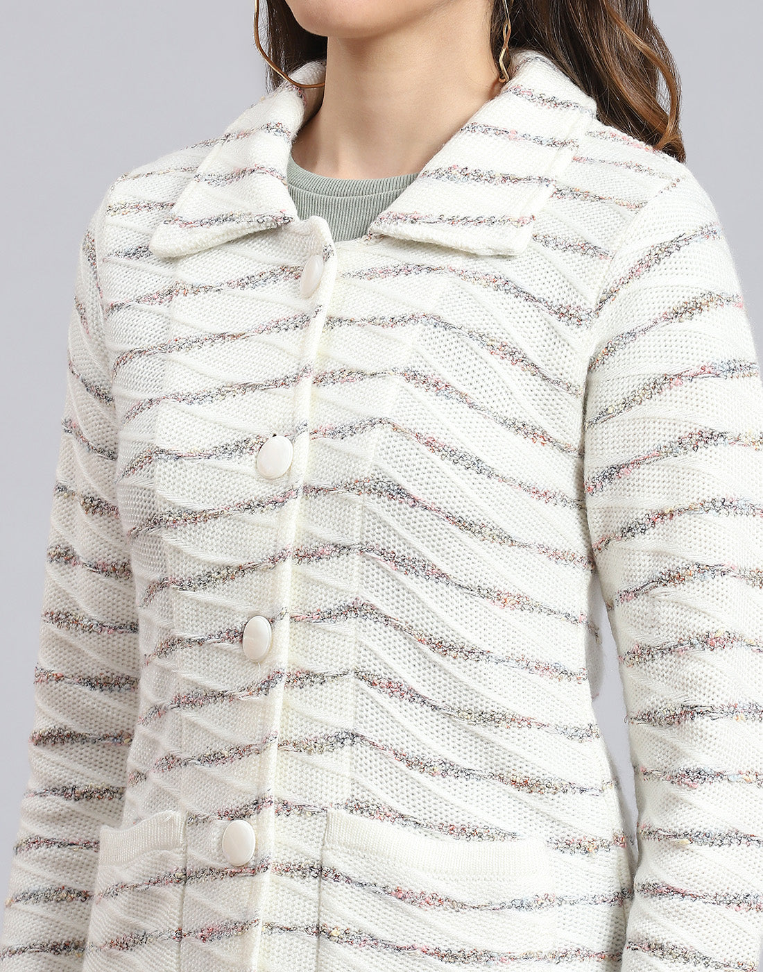 Women White Stripe Collar Full Sleeve Cardigan