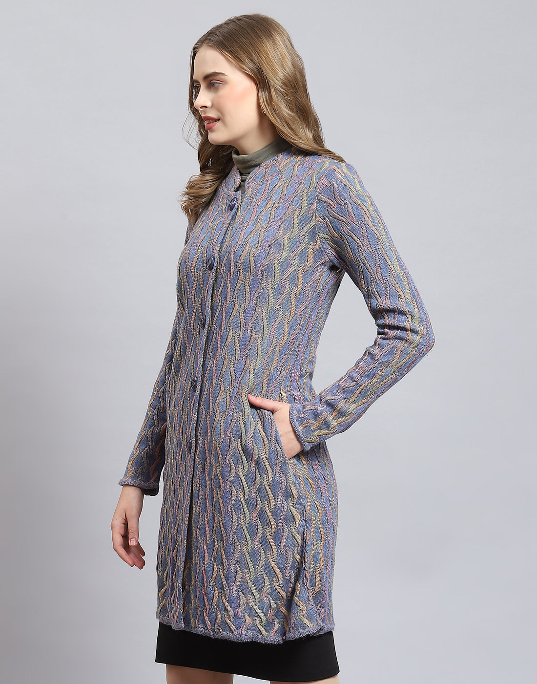 Women Purple Self Design Round Neck Full Sleeve Coat