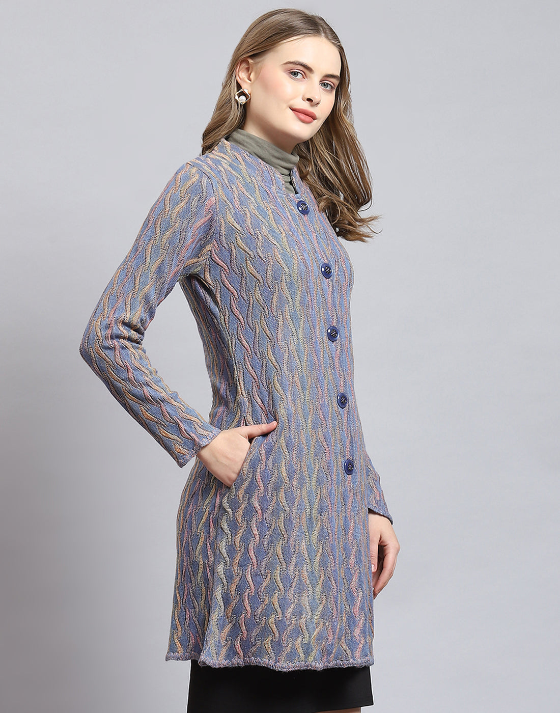 Women Purple Self Design Round Neck Full Sleeve Coat