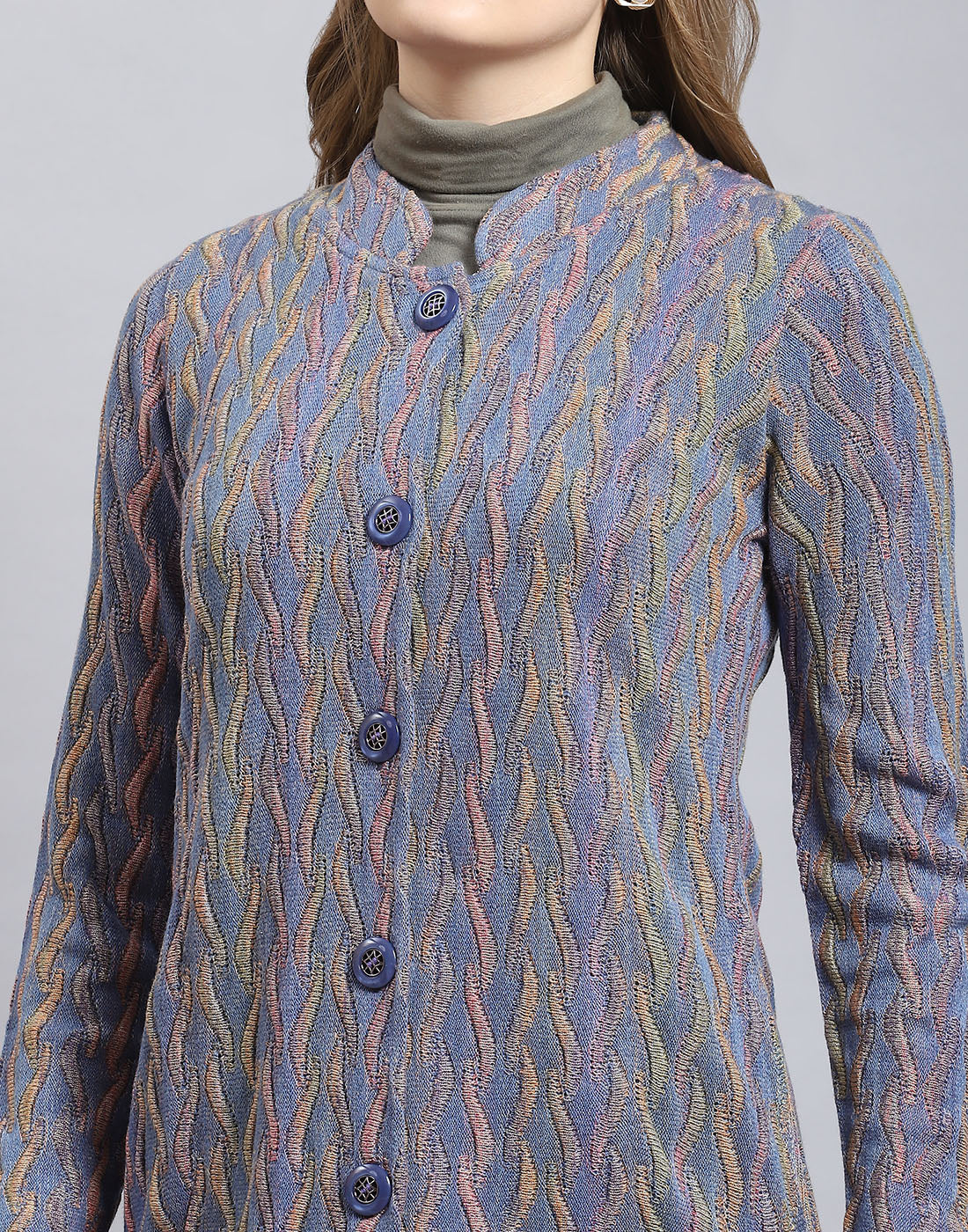 Women Purple Self Design Round Neck Full Sleeve Coat