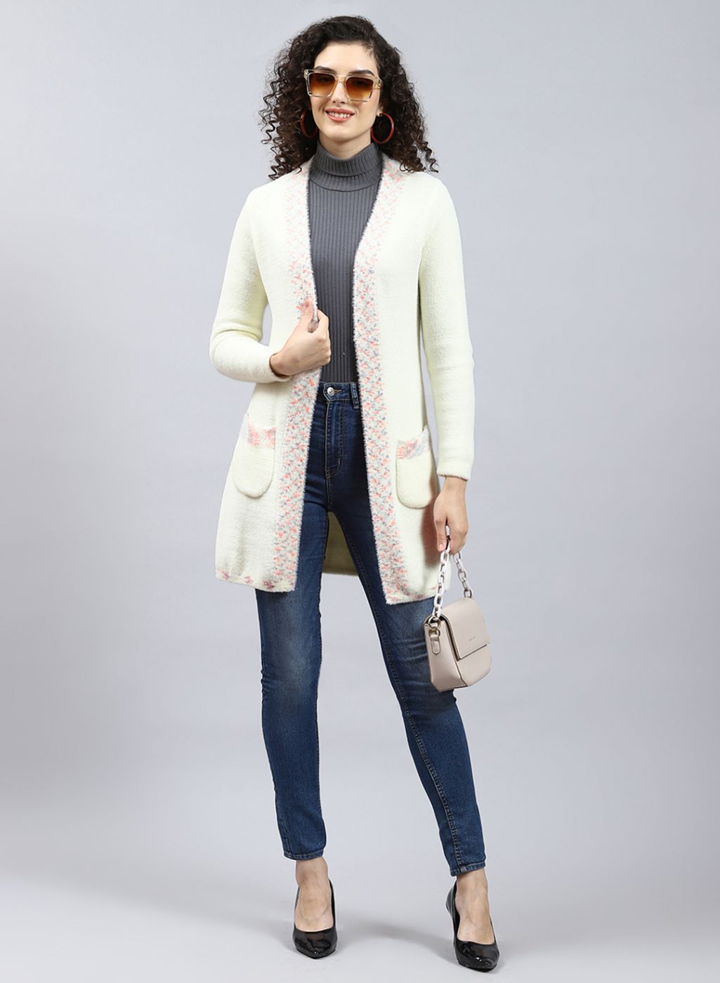 Women Off White Self Design Wool blend Cardigan