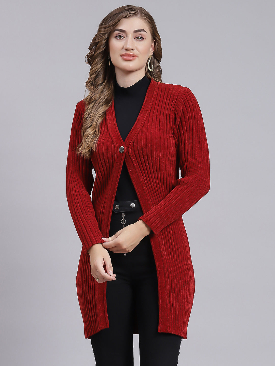 Women Maroon Self Design Wool blend Cardigan