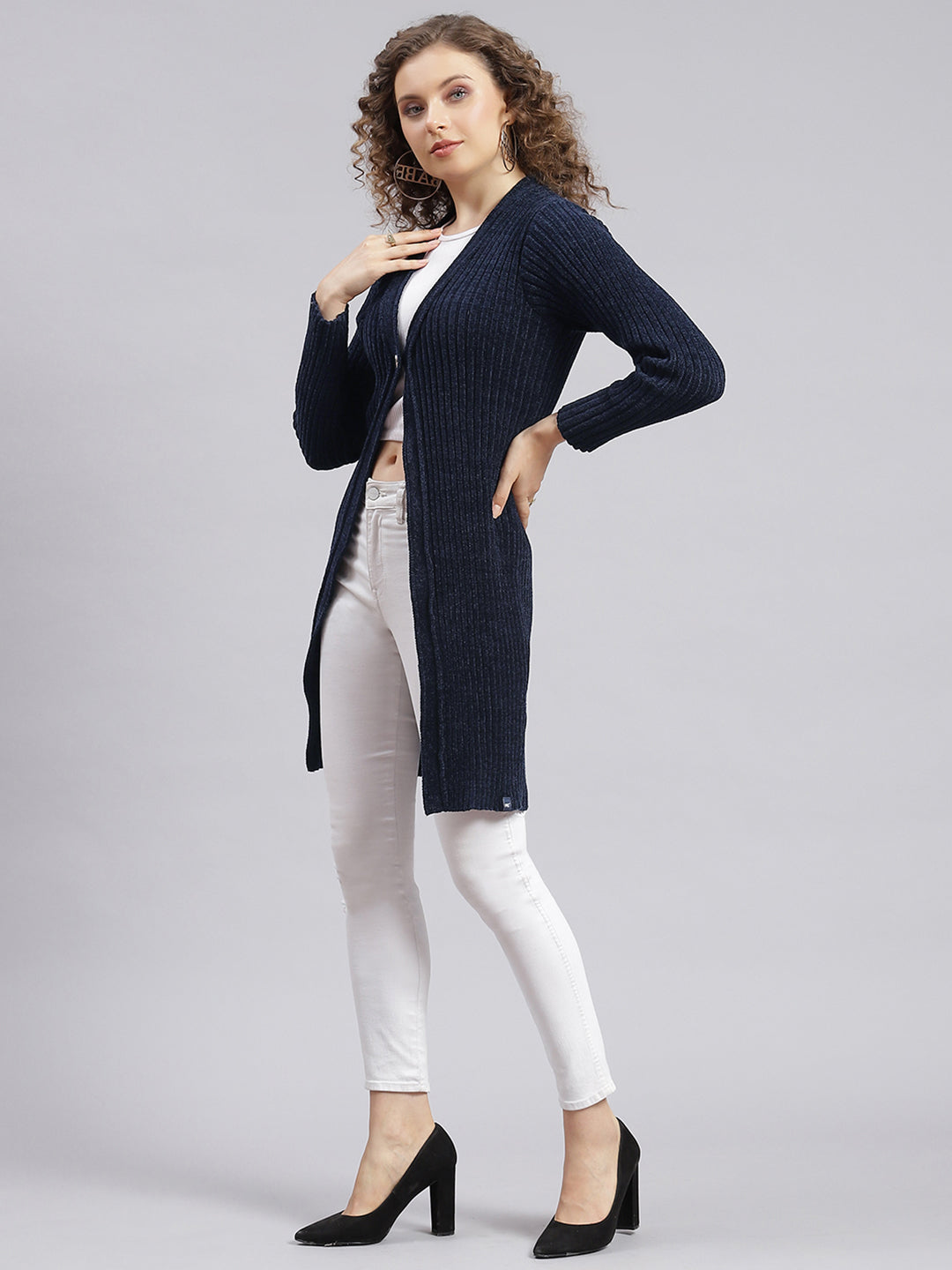 Women Navy Blue Self Design Wool blend Cardigan