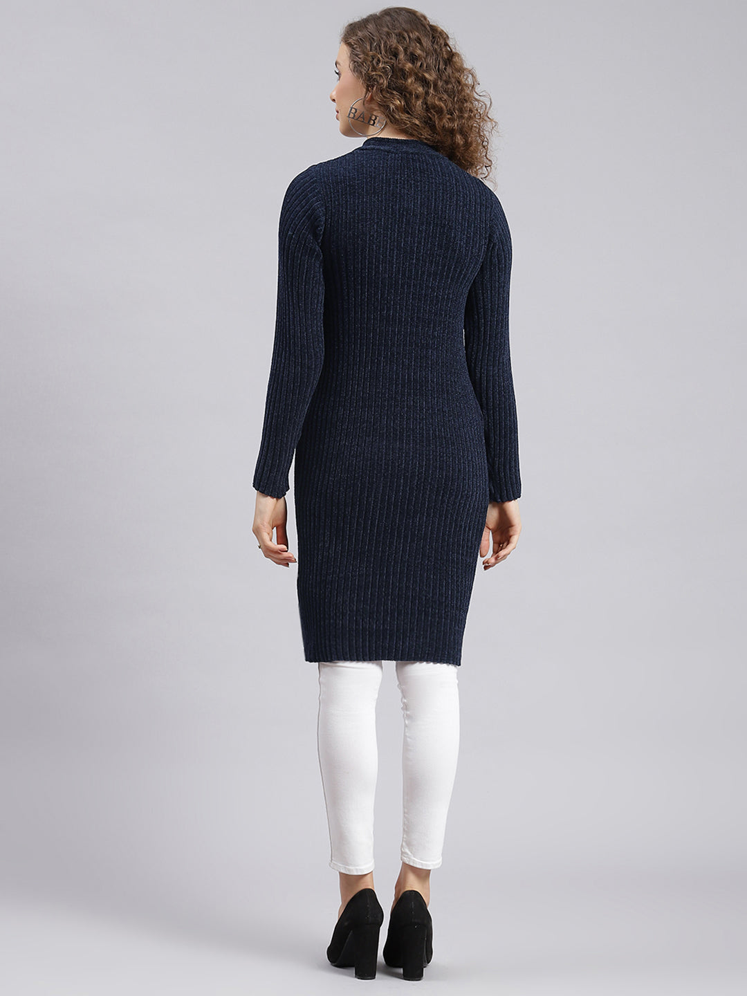 Women Navy Blue Self Design Wool blend Cardigan