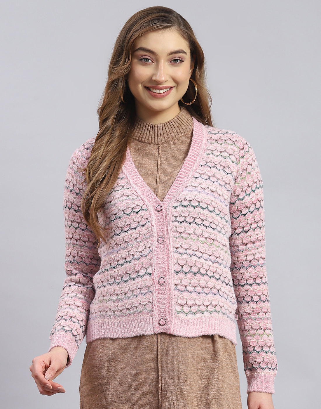 Women Pink Self Design V Neck Full Sleeve Sweater