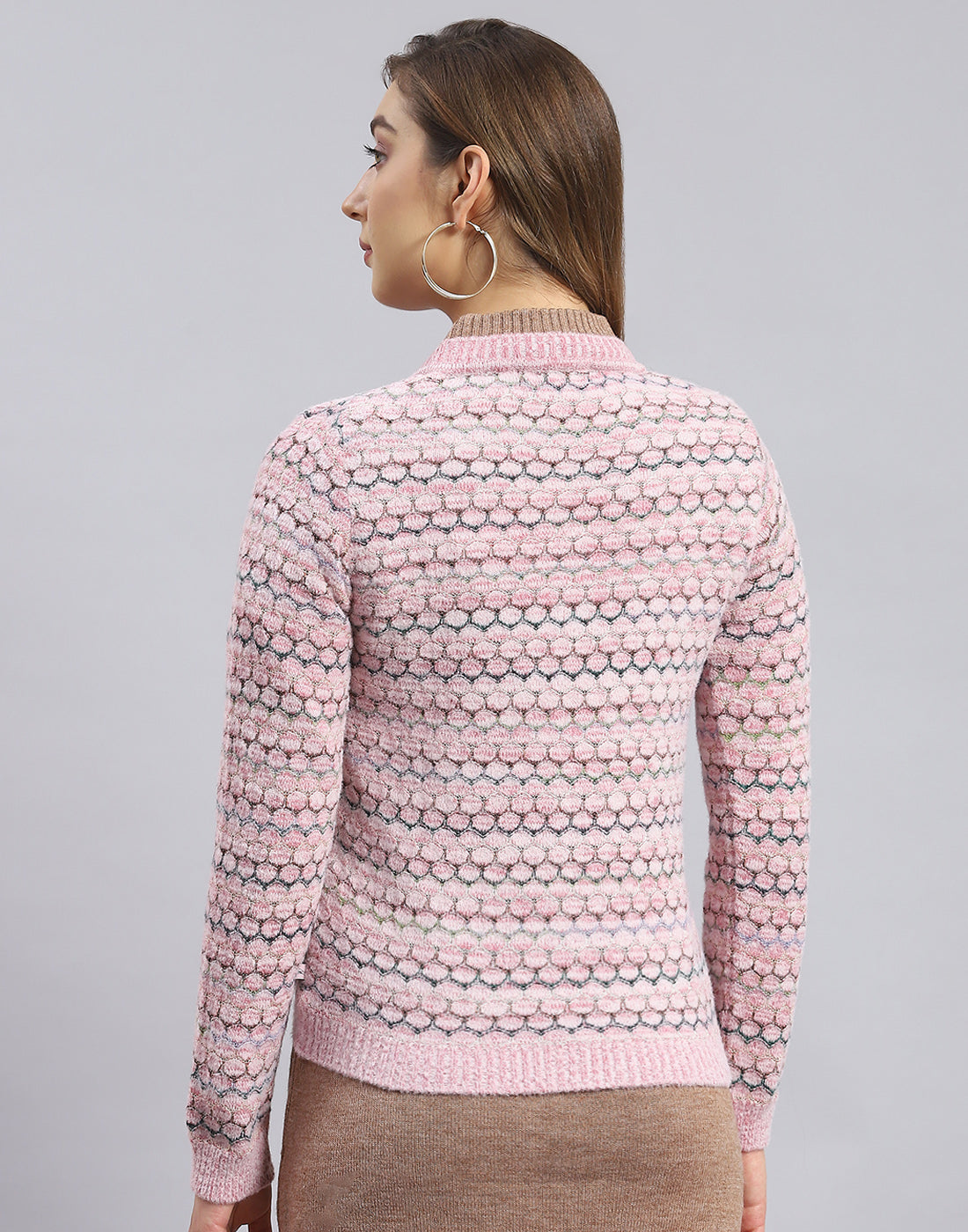 Women Pink Self Design V Neck Full Sleeve Sweater
