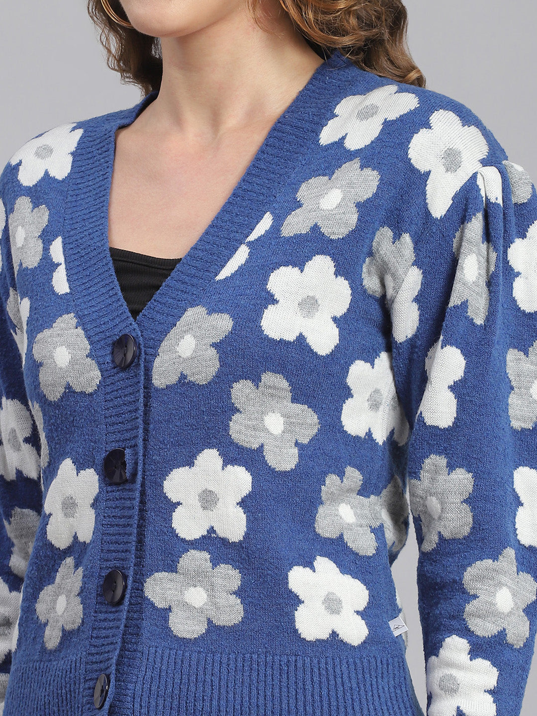 Women Blue Self Design V Neck Full Sleeve Cardigans