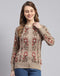 Women Camel Brown Self Design Round Neck Full Sleeve Cardigans