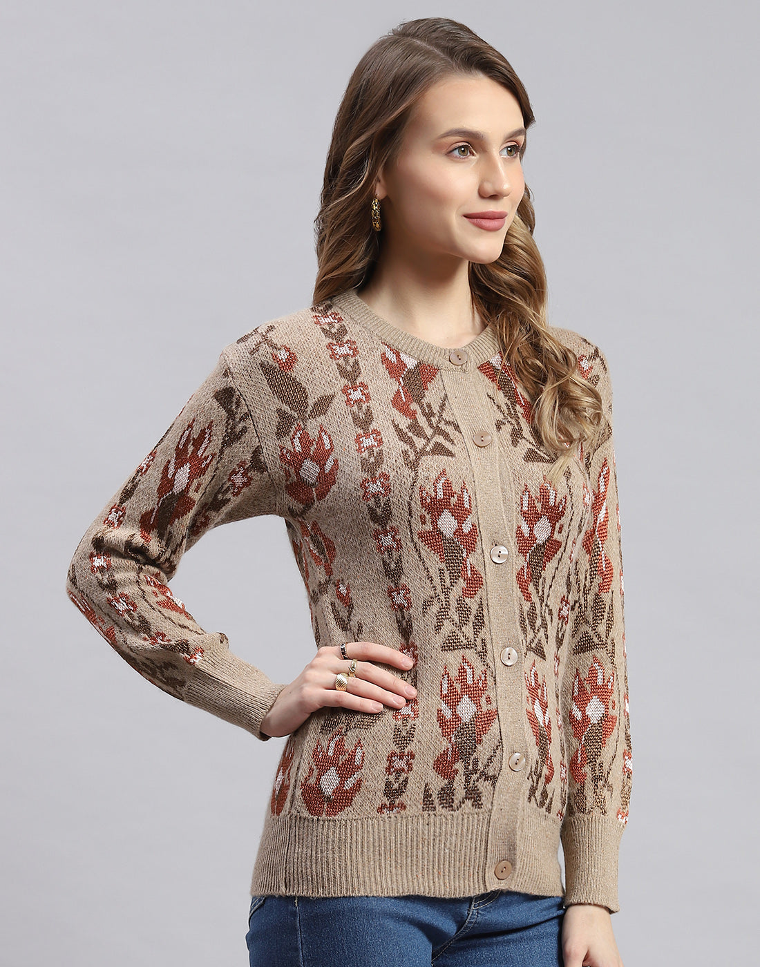 Women Camel Brown Self Design Round Neck Full Sleeve Cardigans