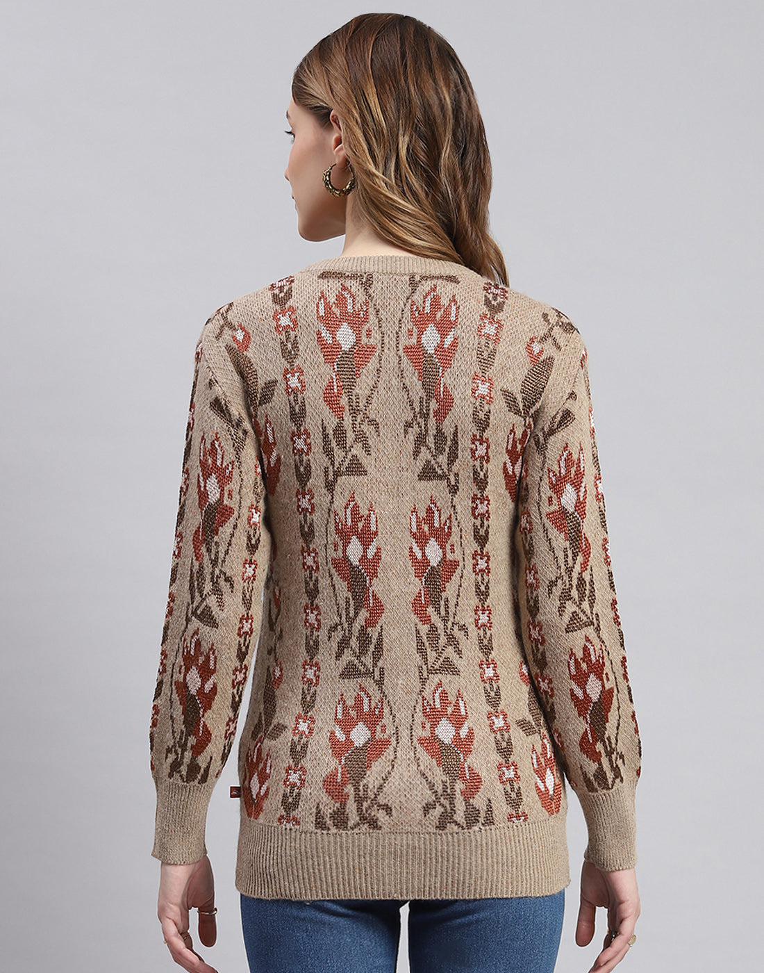 Women Camel Brown Self Design Round Neck Full Sleeve Cardigans