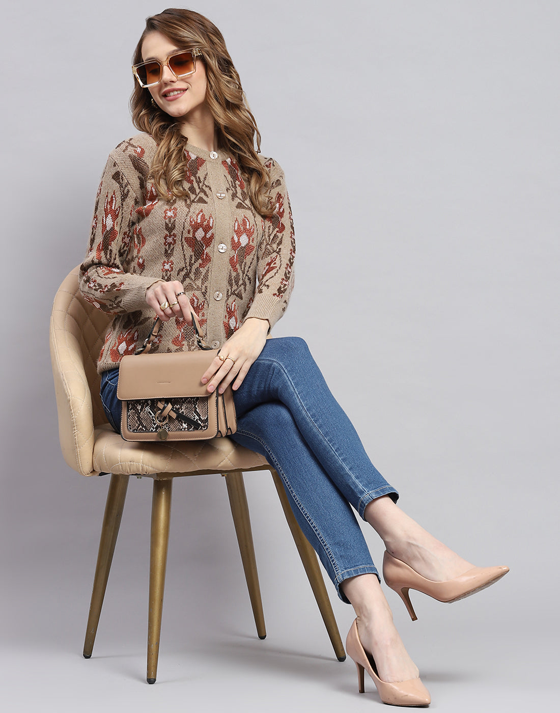 Women Camel Brown Self Design Round Neck Full Sleeve Cardigans