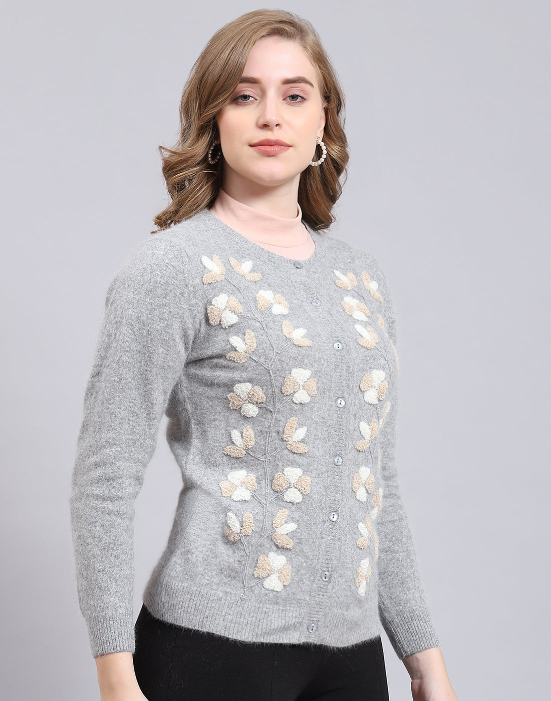 Women Grey Solid Round Neck Full Sleeve Cardigan
