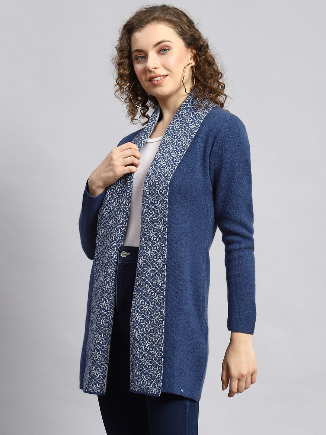 Women Blue Jaquard Cardigan