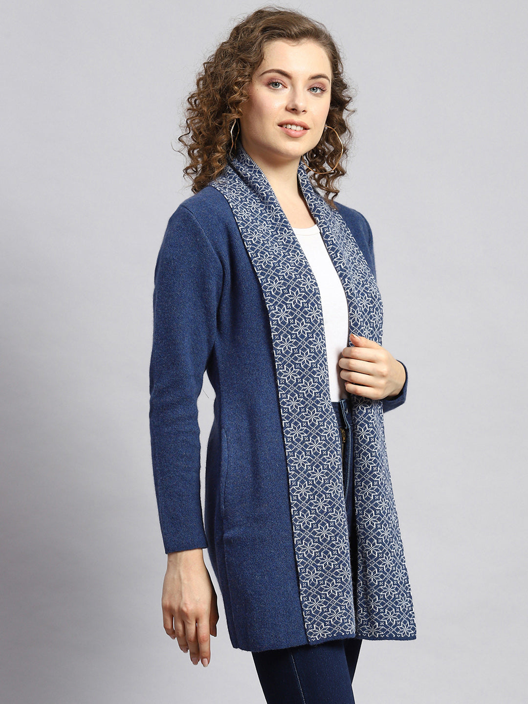 Women Blue Jaquard Cardigan