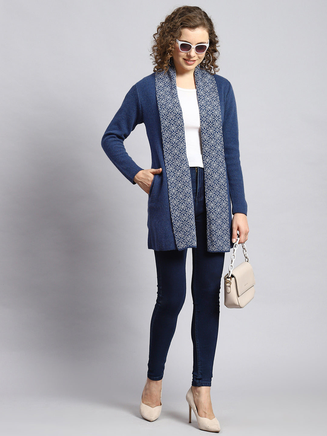 Women Blue Jaquard Cardigan