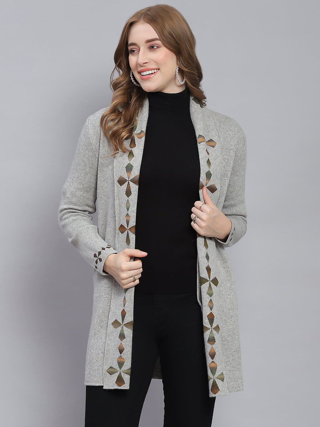 Women Grey Self Design Front Open Full Sleeve Cardigans