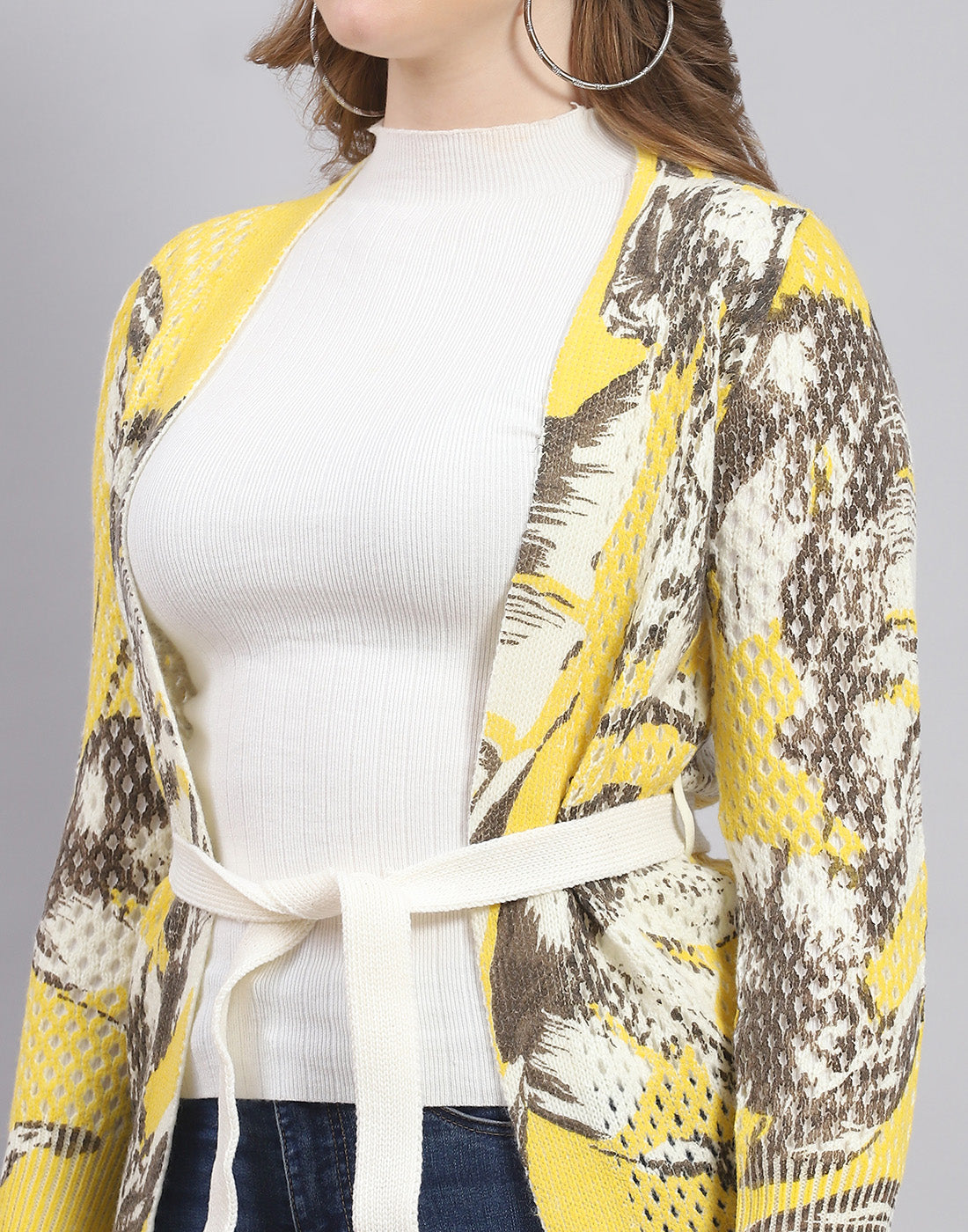 Women Yellow Self Design V Neck Full Sleeve Cardigan