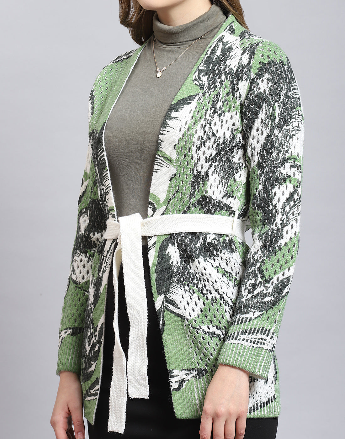 Women Green Printed V Neck Full Sleeve Cardigan
