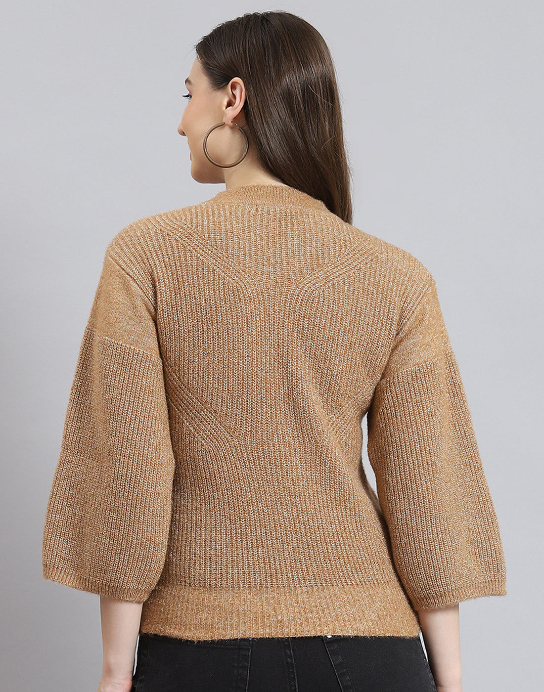 Women Brown Self Design Round Neck Sweater