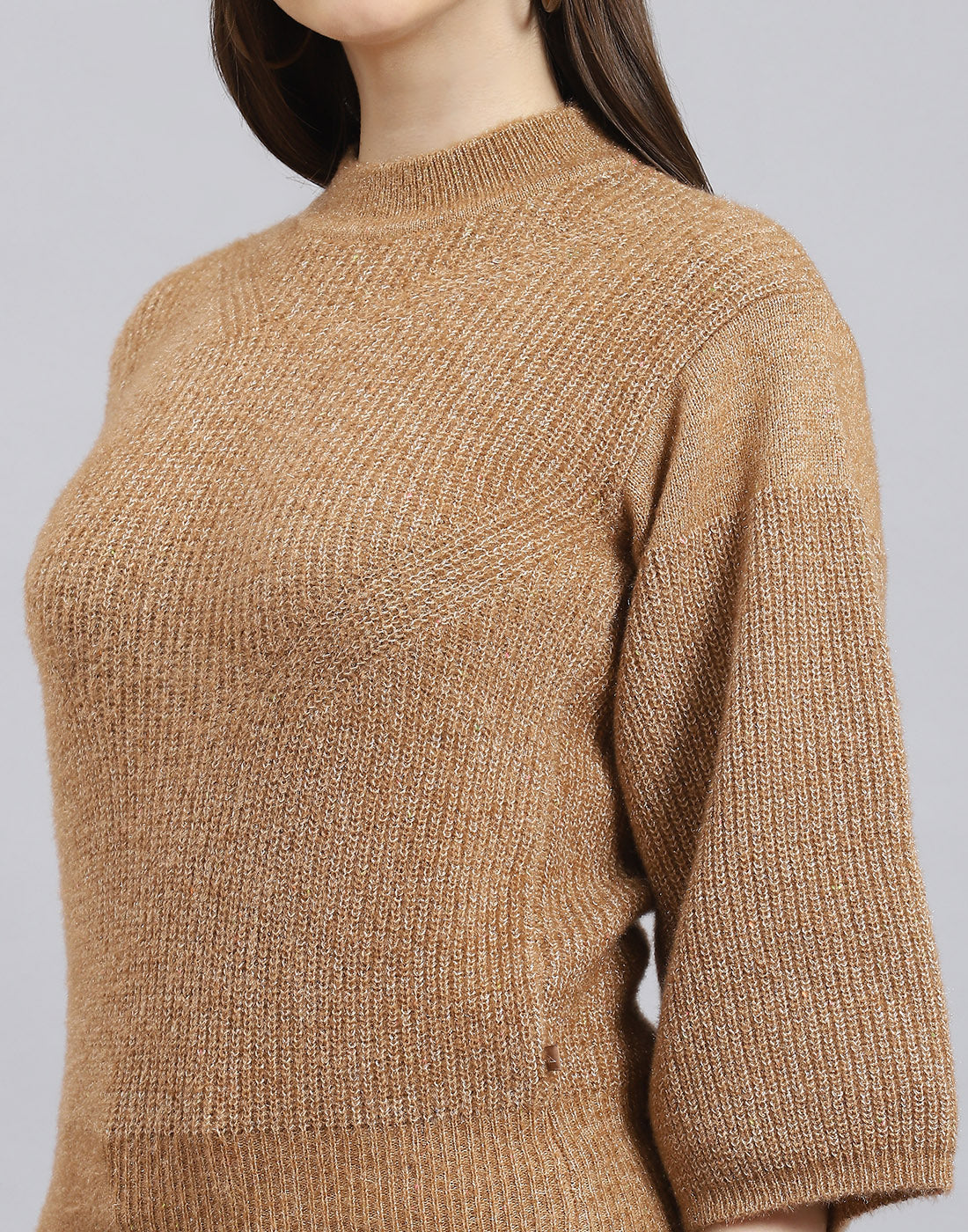 Women Brown Self Design Round Neck Sweater