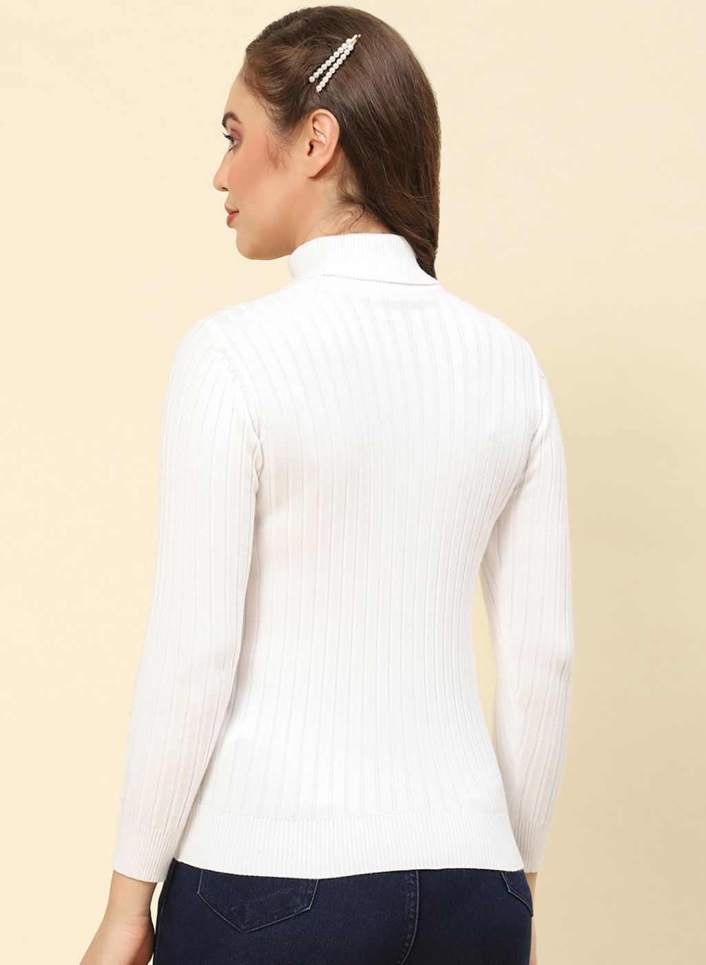 Women White Self Design Blend wool Winter Top