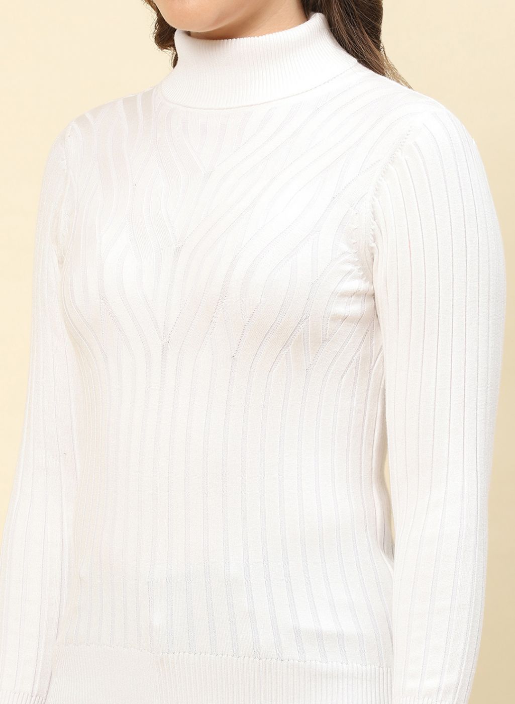 Women White Self Design Blend wool Winter Top