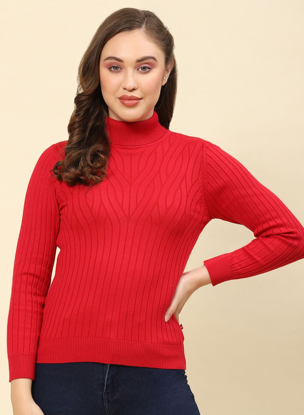 Women Red Self Design Blend wool Winter Top