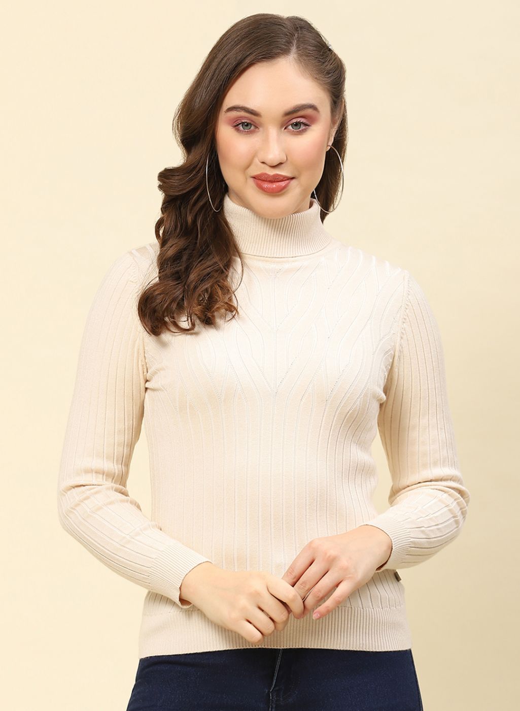 Women Beige Self Design Blend wool Winter Top