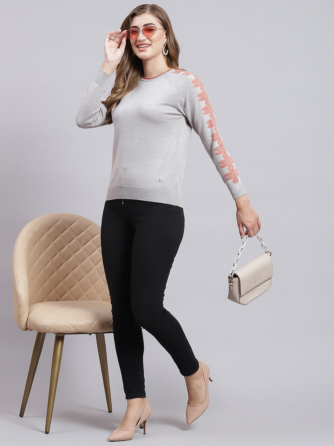 Women Grey Printed Wool blend Top