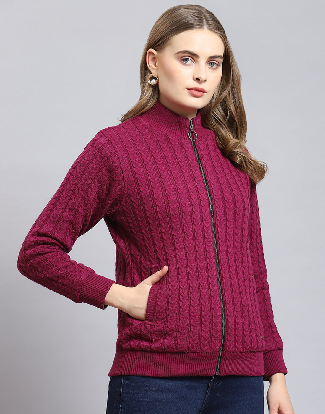 Women Magenta Self Design Stand Collar Full Sleeve Jacket