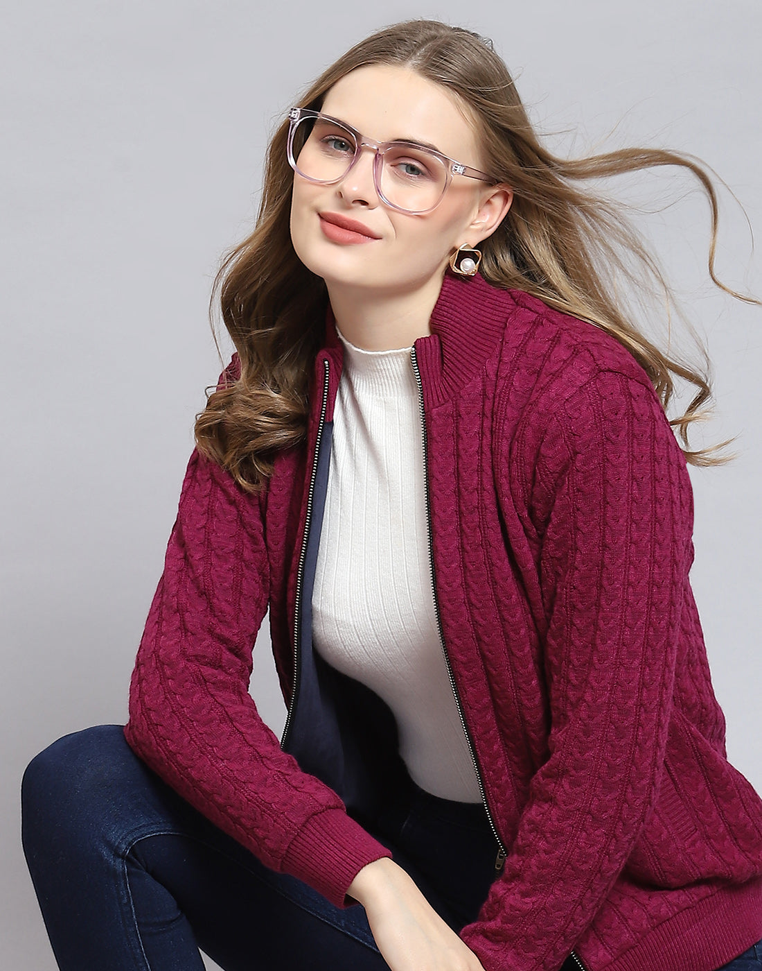 Women Magenta Self Design Stand Collar Full Sleeve Jacket