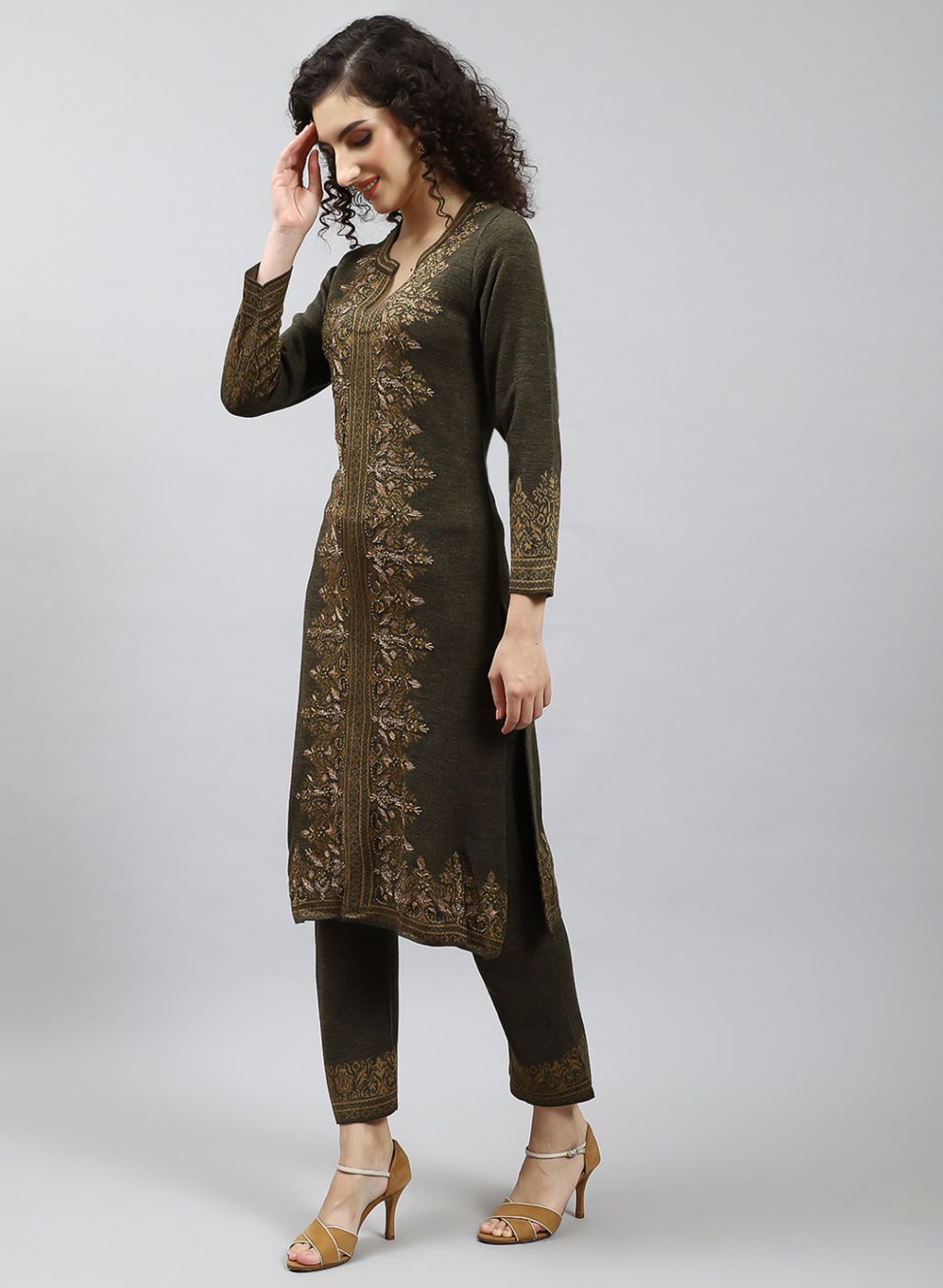 Women Green Self Design Kurti+Lower Set for Winter