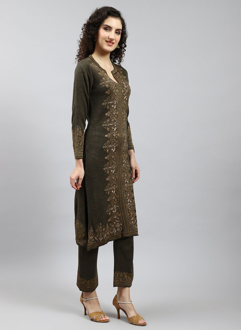 Women Green Self Design Kurti+Lower Set for Winter