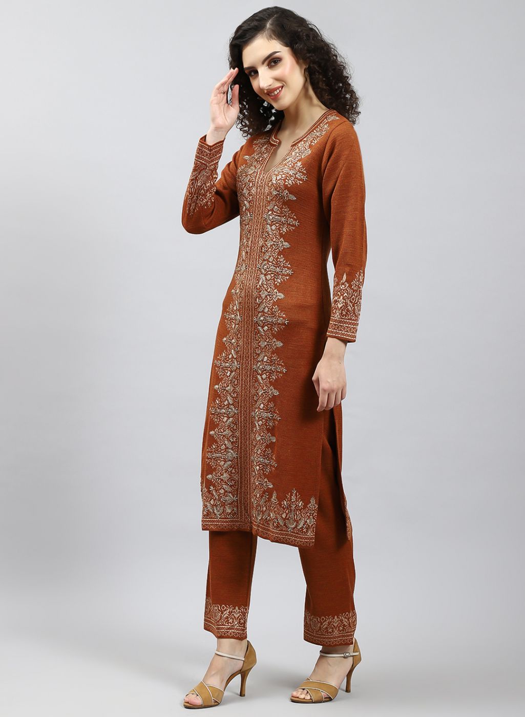 Women Orange Self Design Kurti+Lower Set for Winter