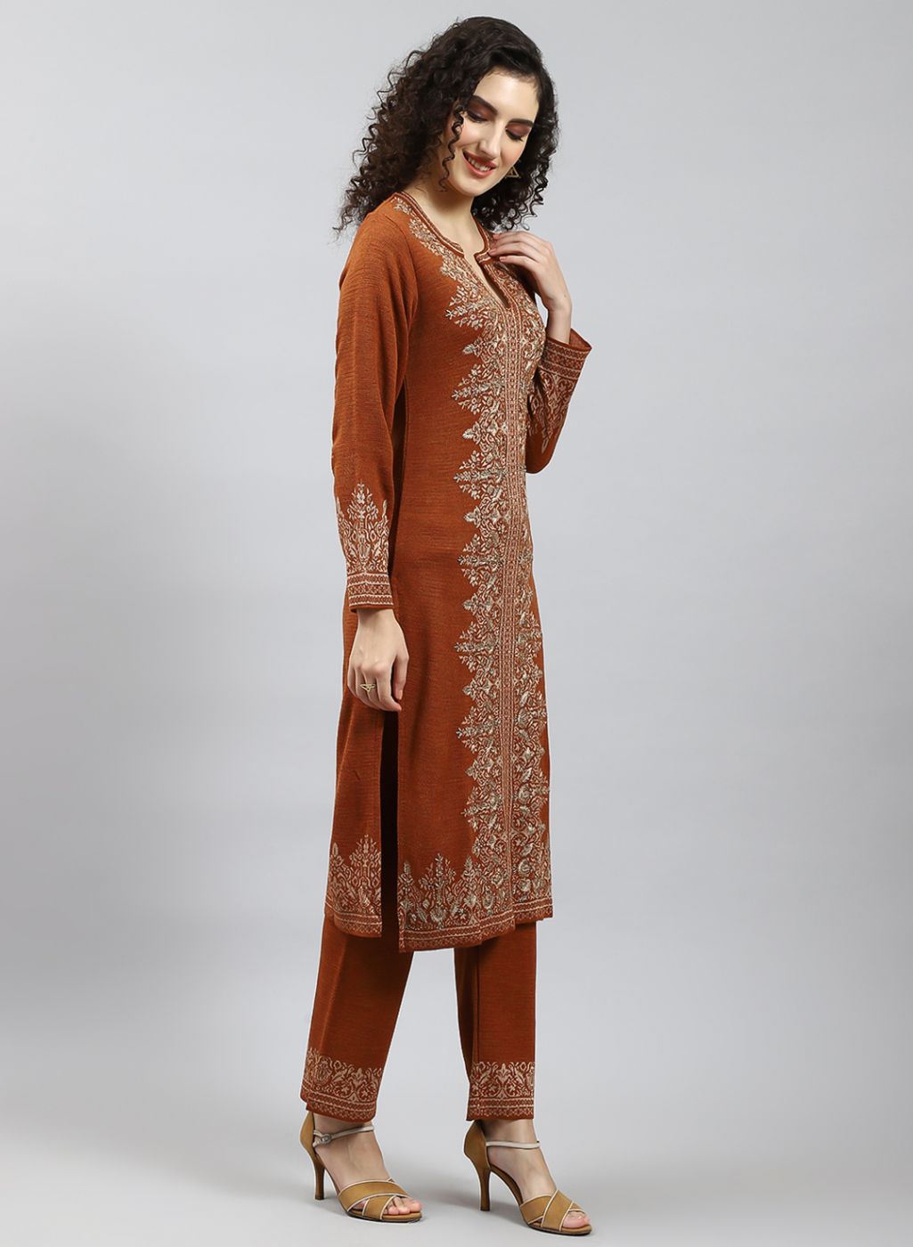 Women Orange Self Design Kurti+Lower Set for Winter