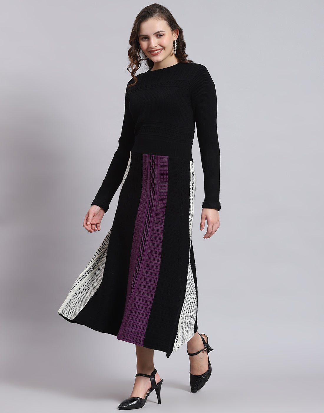 Women Black Self Design Round Neck Full Sleeve Dress