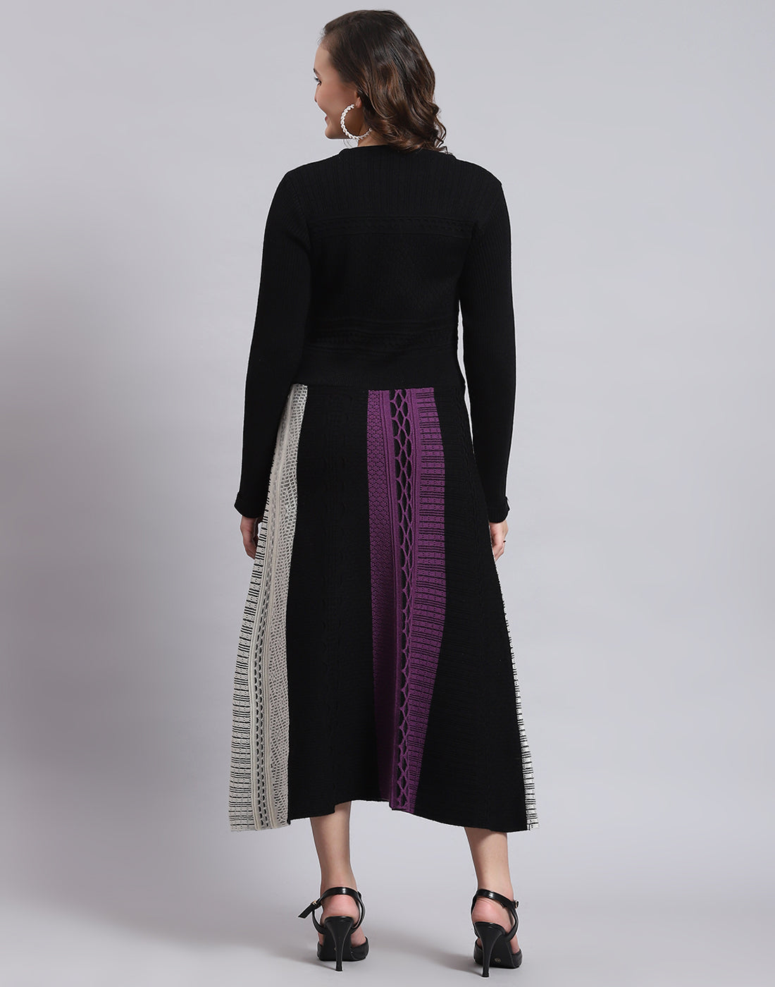 Women Black Self Design Round Neck Full Sleeve Dress