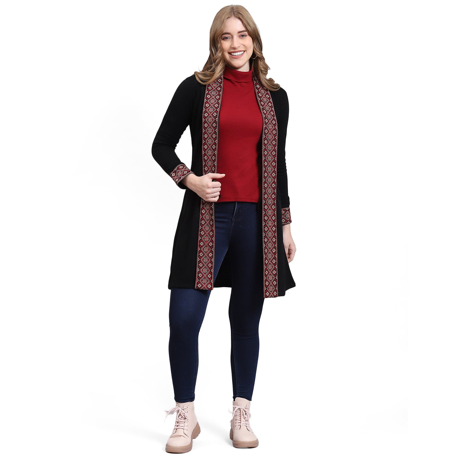 Women Black Self Design V Neck Full Sleeve Cardigan