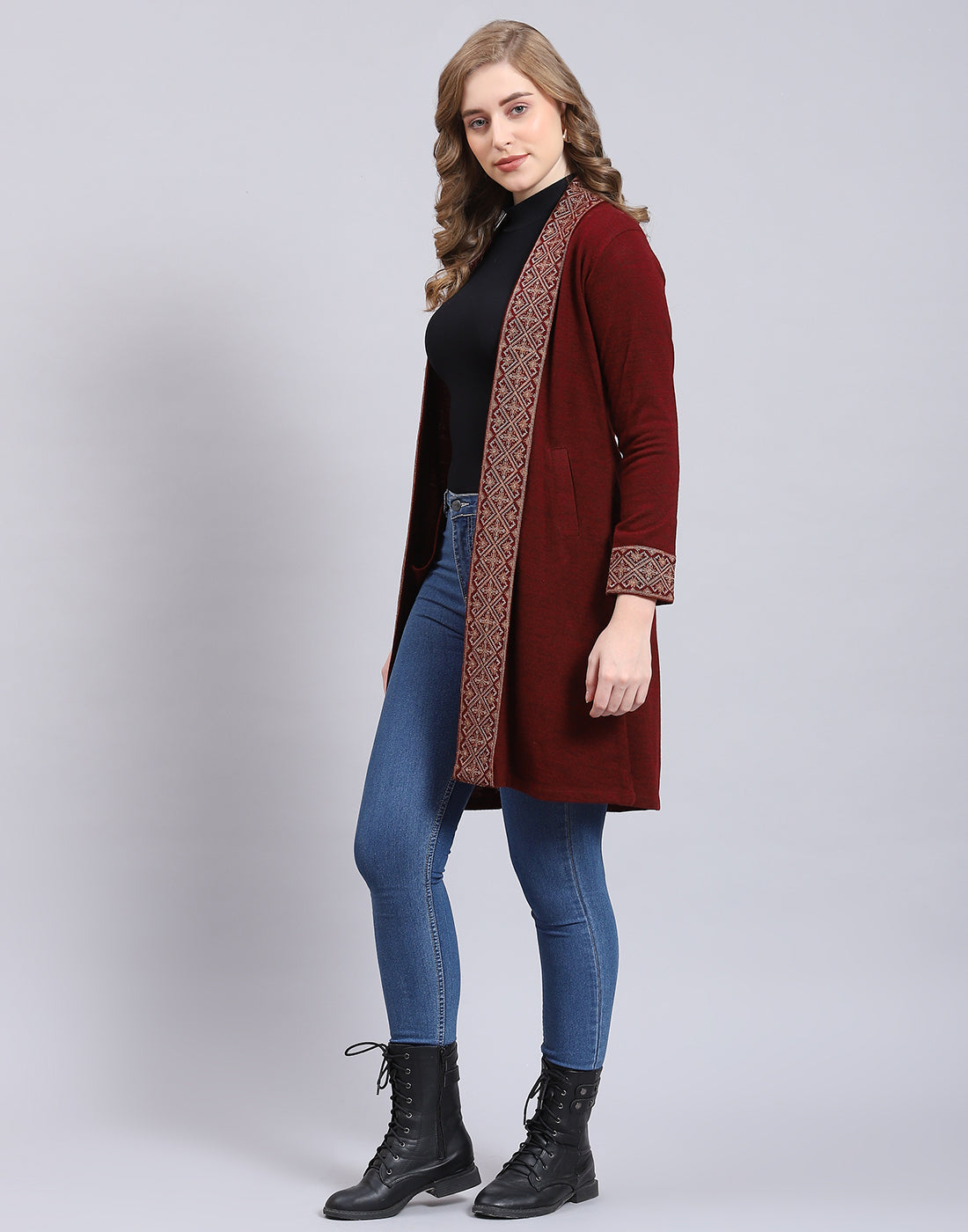 Women Maroon Self Design V Neck Full Sleeve Cardigan