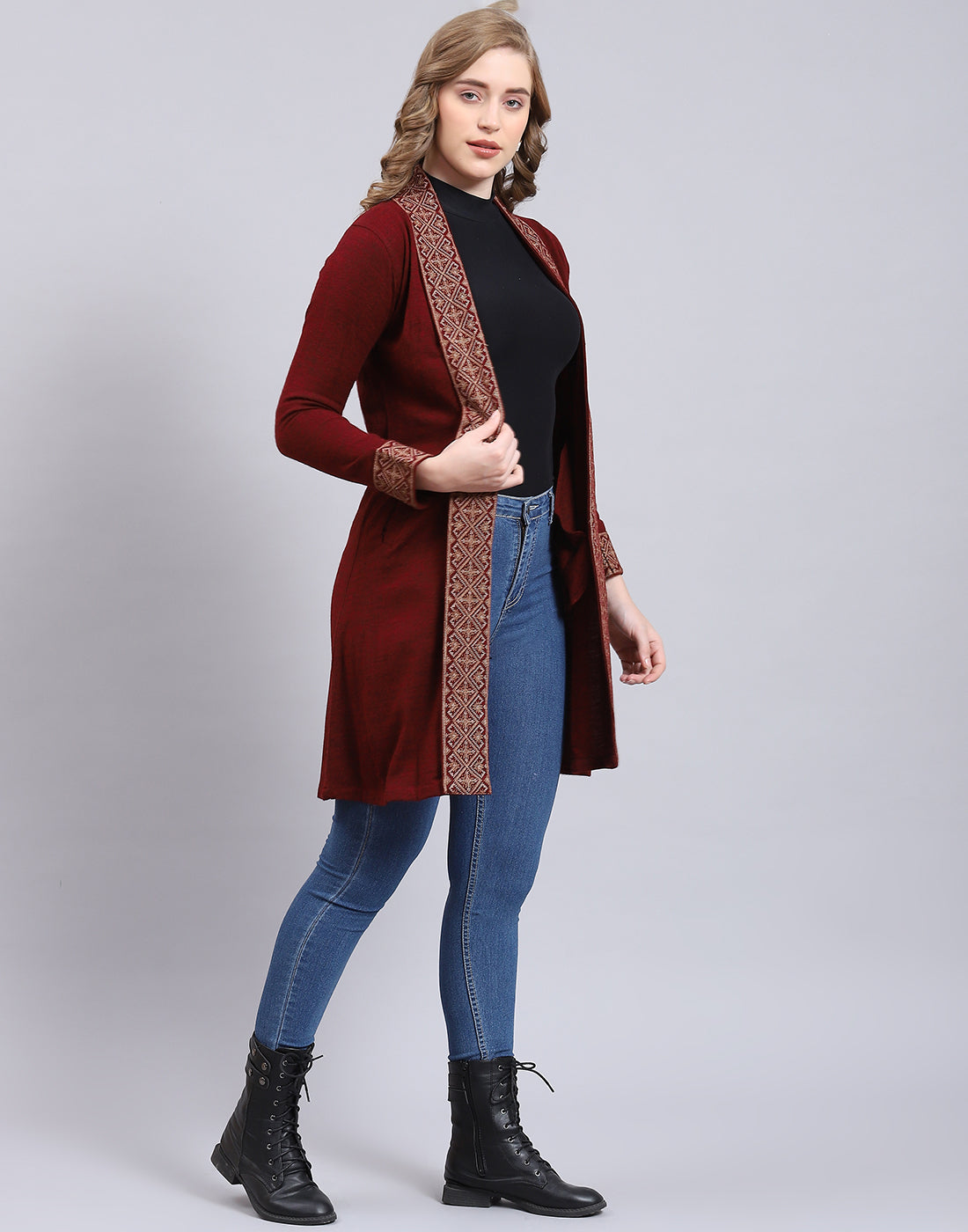 Women Maroon Self Design V Neck Full Sleeve Cardigan