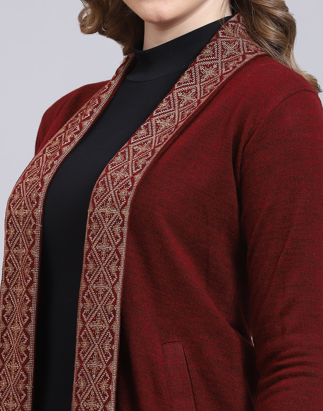 Women Maroon Self Design V Neck Full Sleeve Cardigan