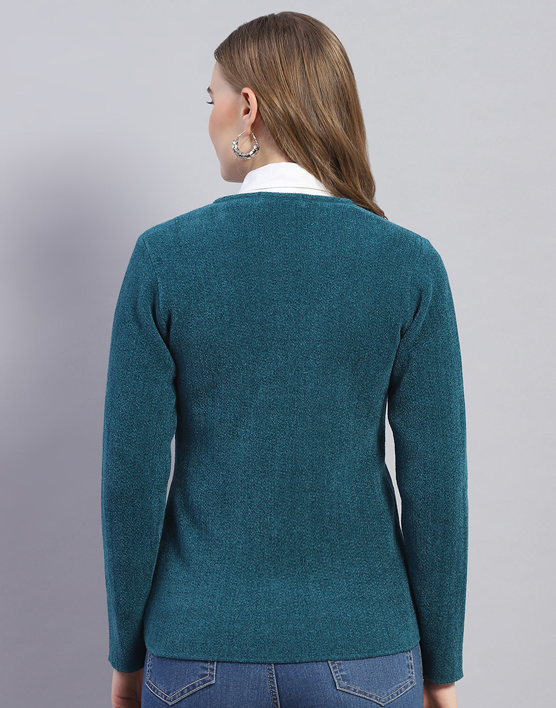 Women Teal Blue Embellished V Neck Full Sleeve Cardigan