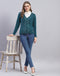 Women Teal Blue Embellished V Neck Full Sleeve Cardigan